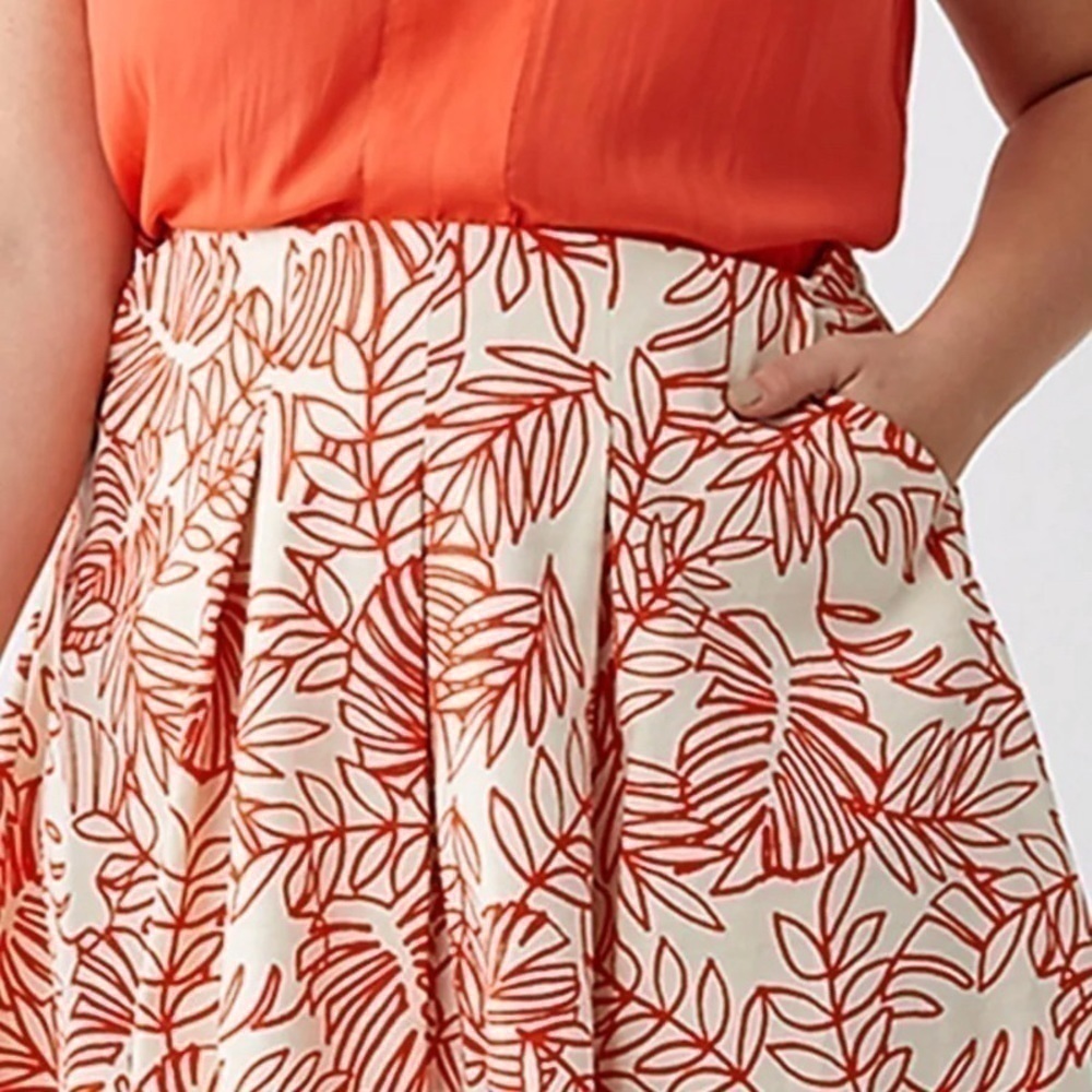 PLUS size Lane Bryant Red & White Pleated Flare Floral Skirt Linen - Picture 7 of 16